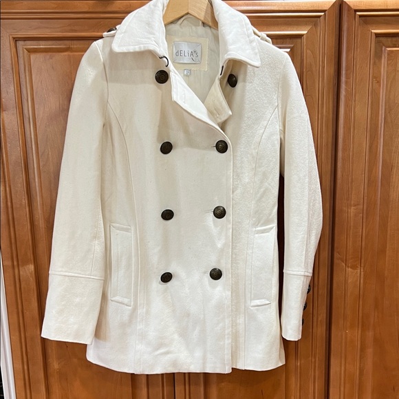 dELiA*s Jackets & Blazers - dELiA*s Cream Double-Breasted Pea Coat with Dark Buttons